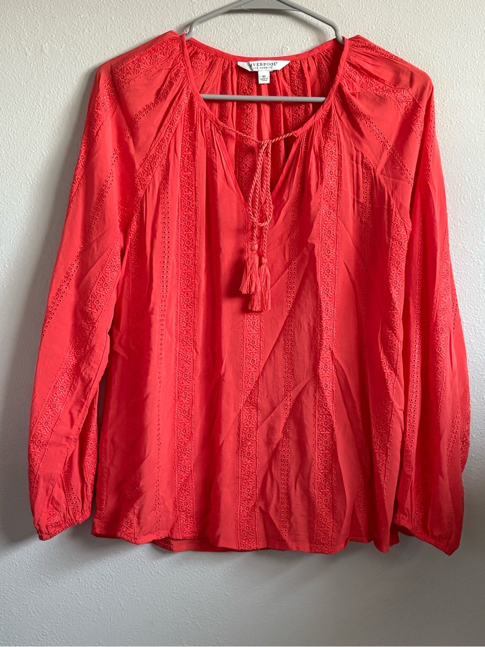 Liverpool Flowy Boho Long Sleeve Peasant Top Coral XS Tassel & Eyelet Details